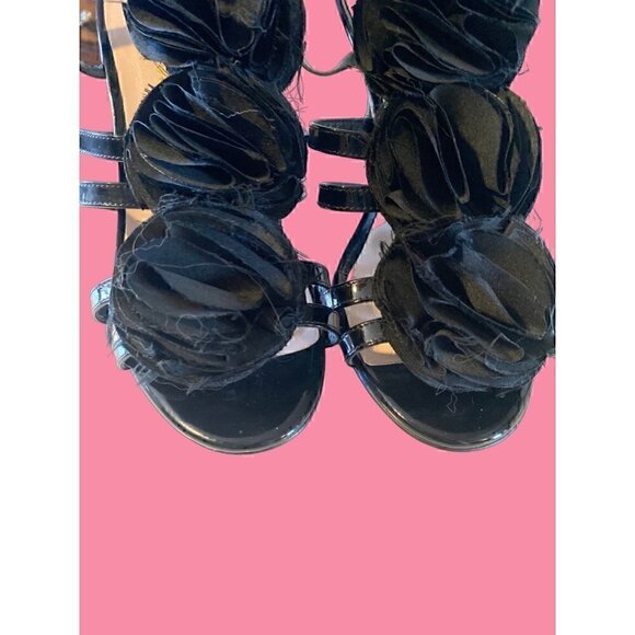 Vintage Kate Spade Black Patent Leather Satin Rose Sandals size 6 Italian Straps - Picture 6 of 10